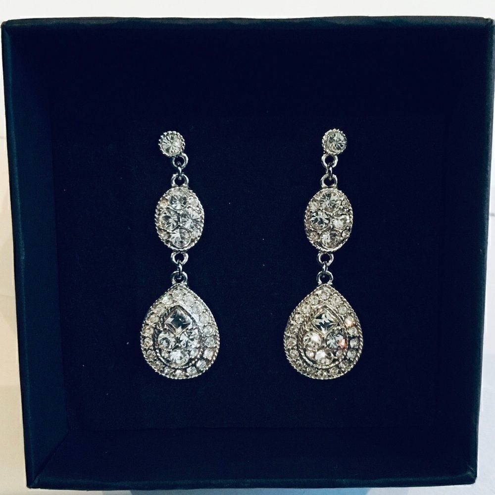 GIVENCHY PAVE SILVER TONE LINEAR TEARDROP EARRINGS - Picture 4 of 5